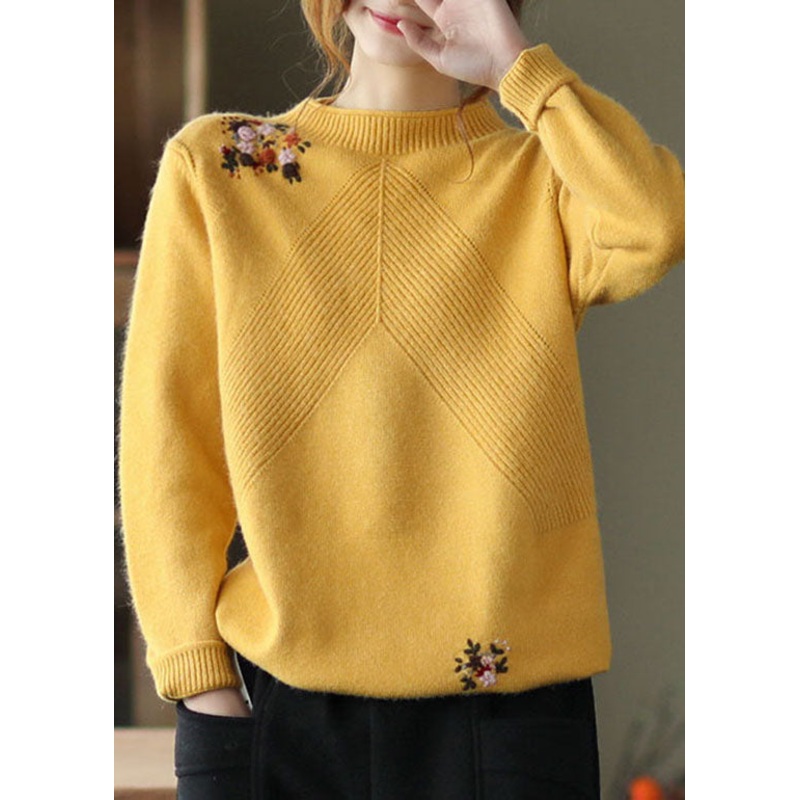Casual Yellow Embroideried Floral Knit Sweater Winter