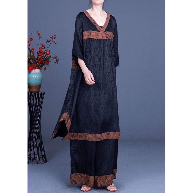 diy Black Asymmetrical Patchwork Silk Two Pieces Set Half Sleeve