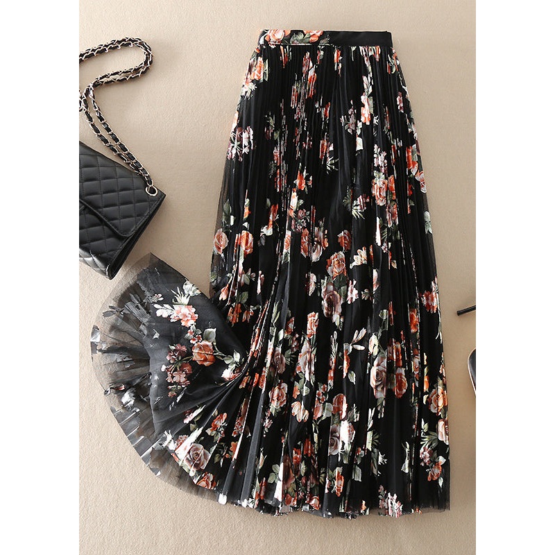 DIY Black Print Tulle pleated skirt Spring
