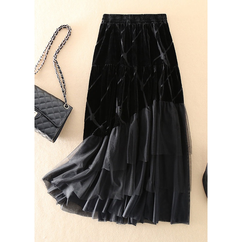 DIY Black Tulle Patchwork Silk Velour Skirt Spring