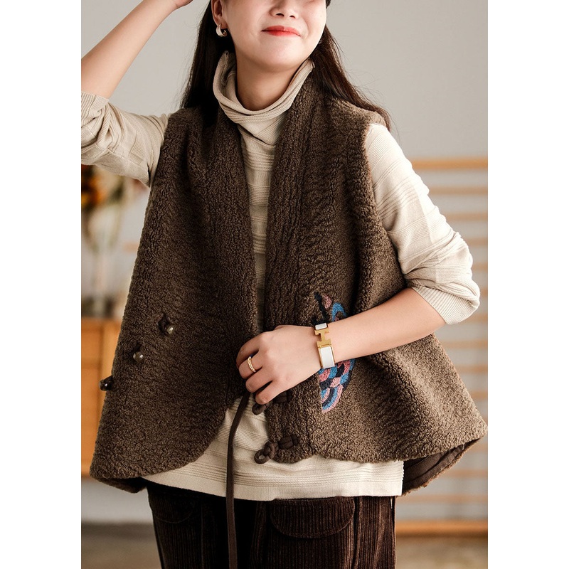diy Coffee Embroideried asymmetrical design Faux Fur Vest Sleeveless