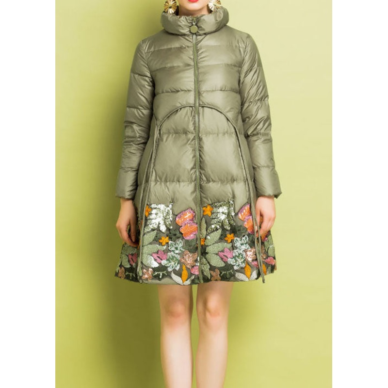 Fitted Grey Green Sequins Embroideried Duck Down Jacket Winter