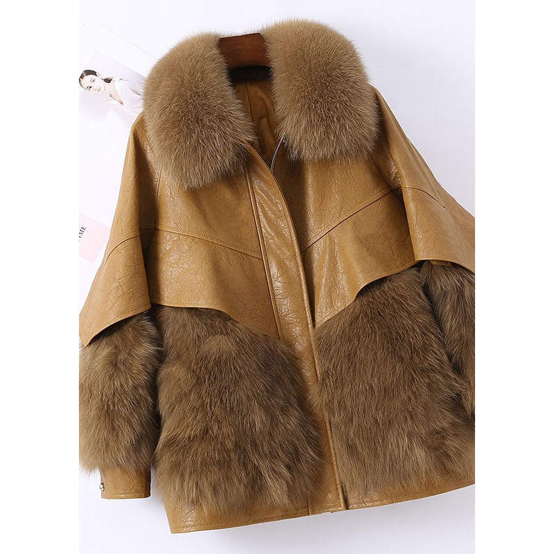 Fitted Khaki Zip Up Fox fur Patchwork Leather Puffer Jacket Winter