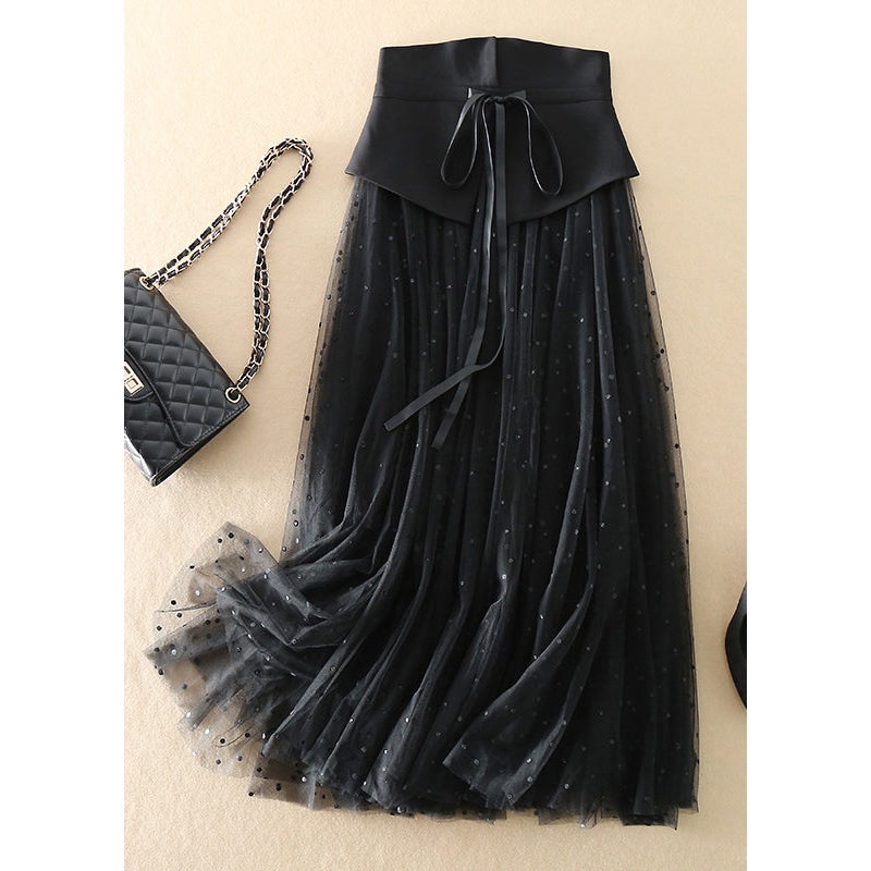 French Black Cinched Dot Tulle Skirts Spring