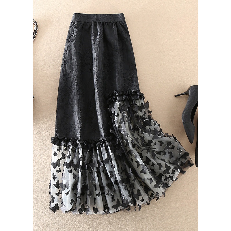 French Black Jacquard Patchwork Bow Tulle Skirts Spring