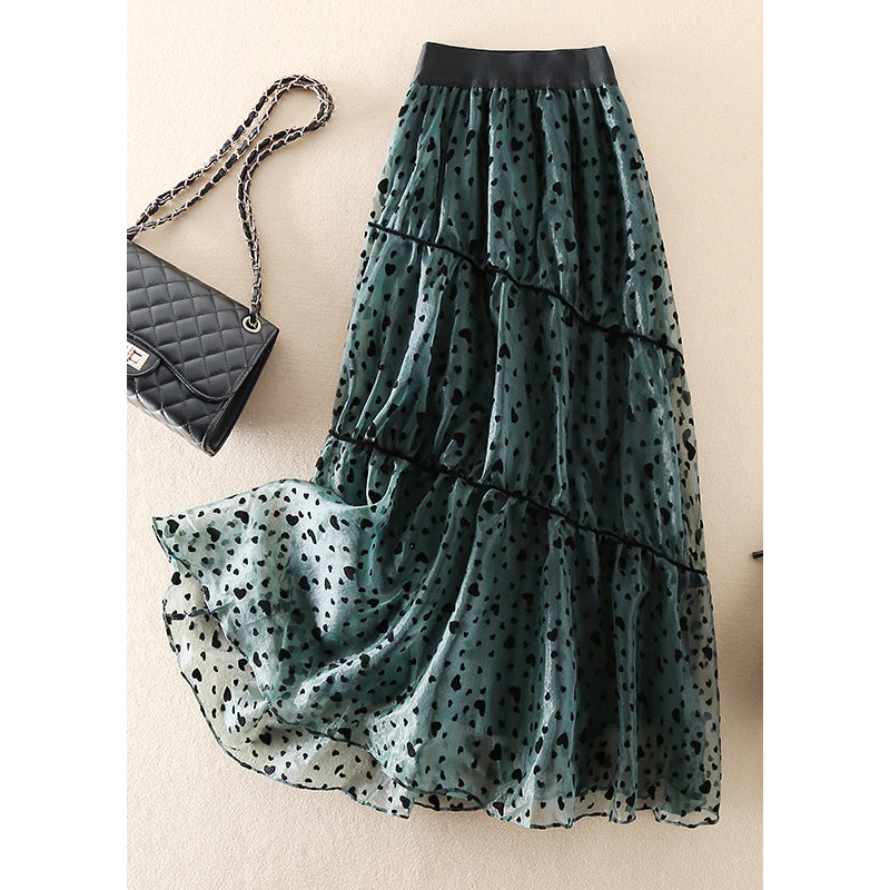 French Green wrinkled Patchwork Tulle Skirt Spring