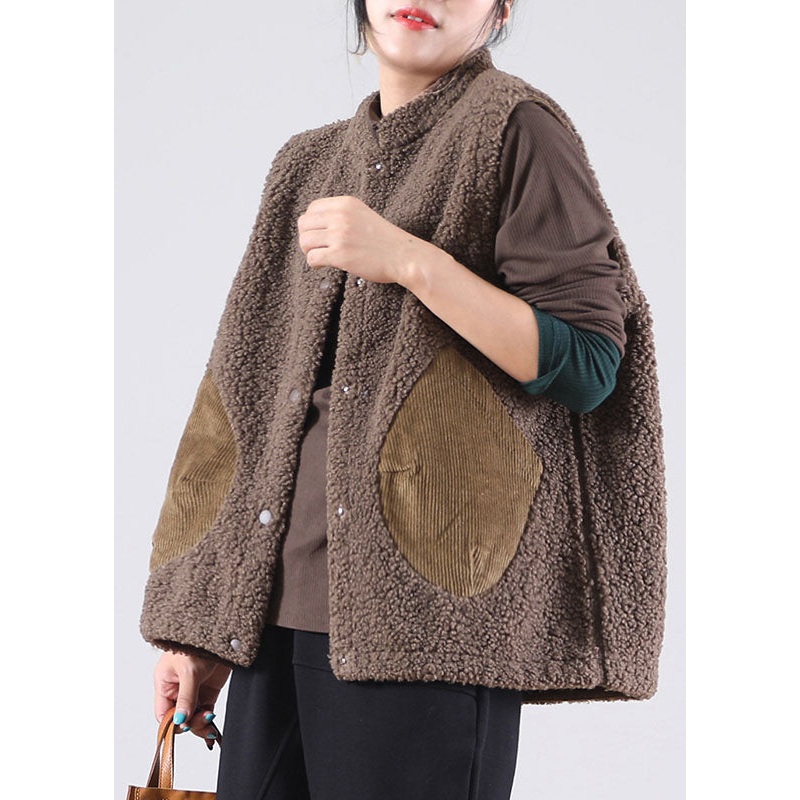 Italian Coffee Pockets Patchwork Faux Fur Sleeveless waistcoat