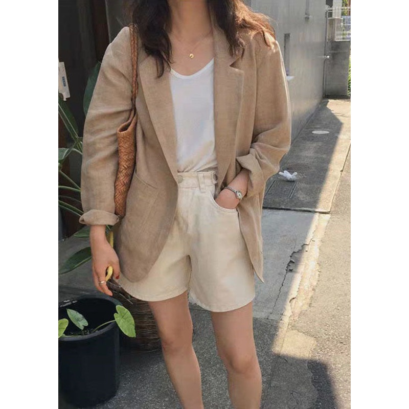 Italian Khaki Peter Pan Collar Pockets Linen Coats Spring