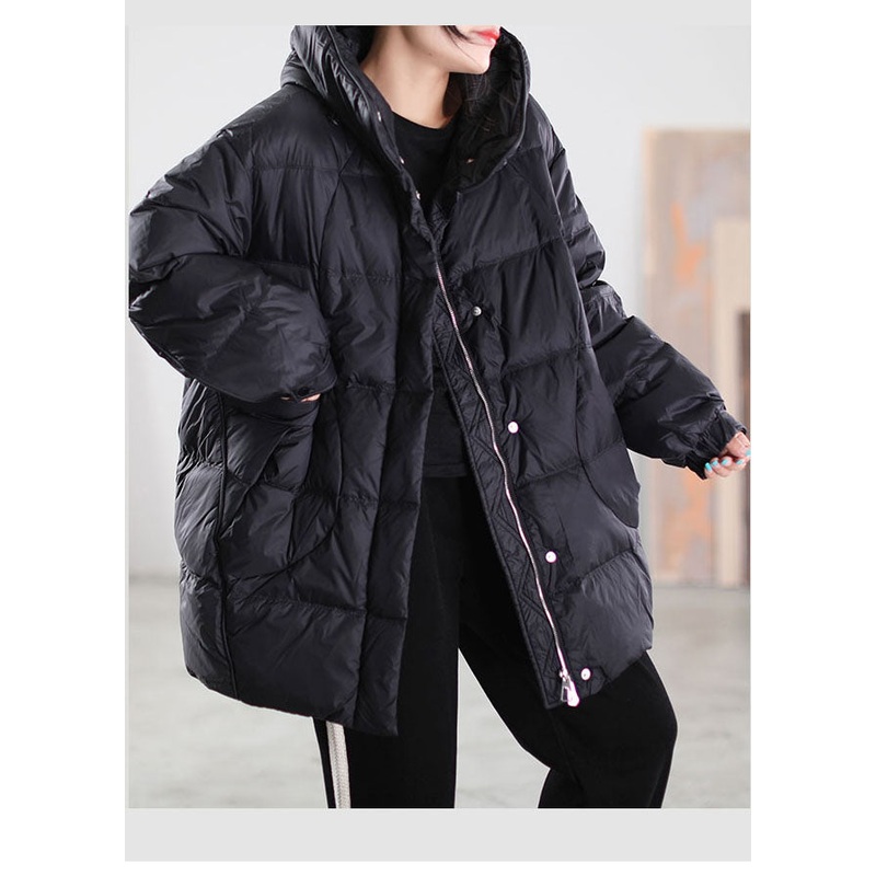 Loose Black wrinkled Pockets drawstring Duck Down Down Jacket Winter
