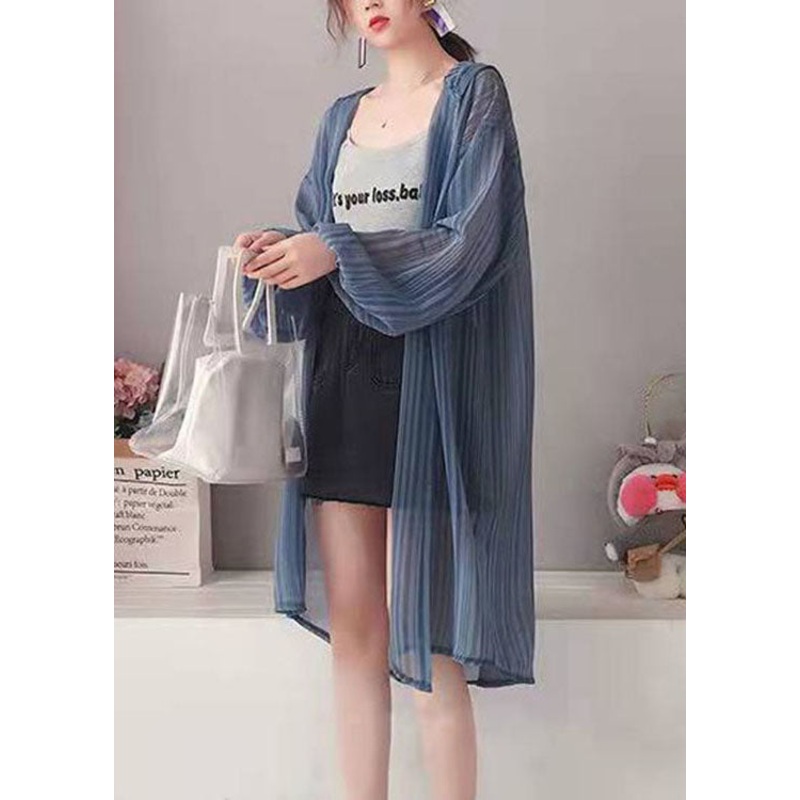Loose Blue Hooded Striped Silk Cardigan Long Sleeve