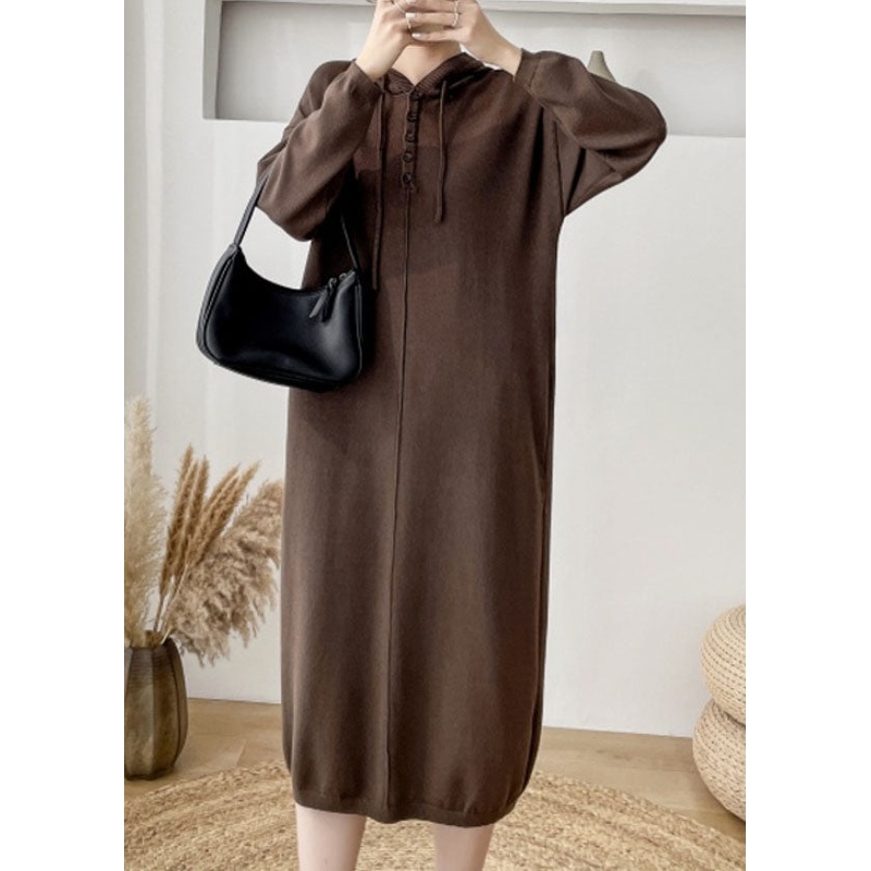 Loose Coffee Hooded thick Knit Sweater Dress Winter