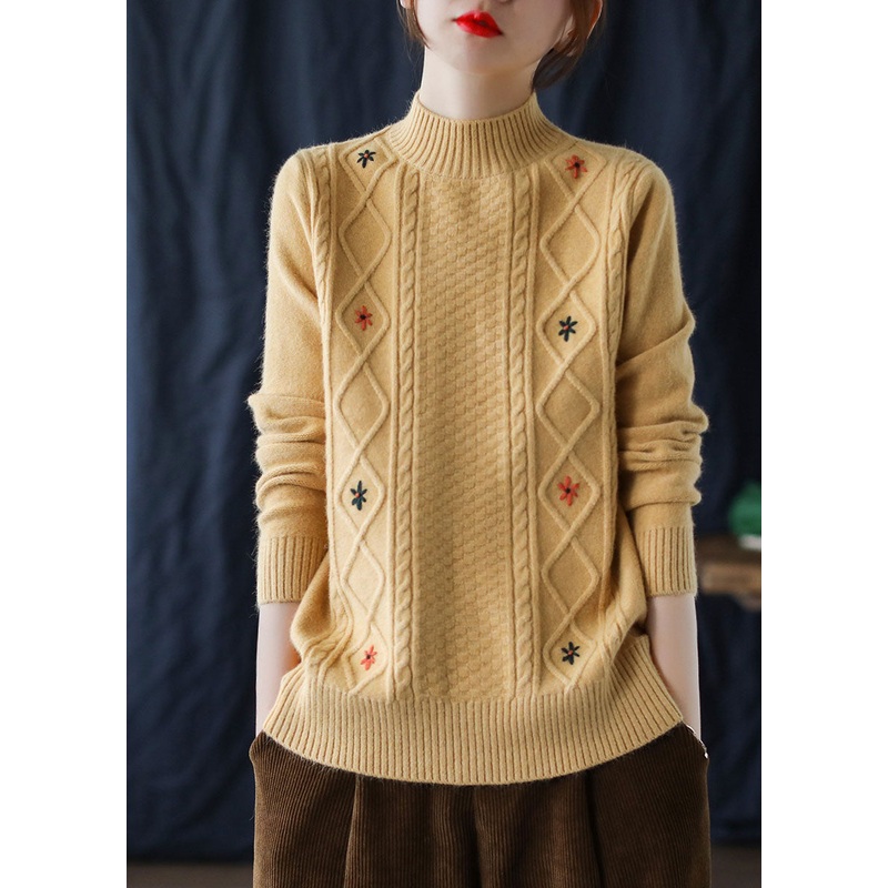 Loose Yellow Embroideried Floral Knit Sweaters Winter