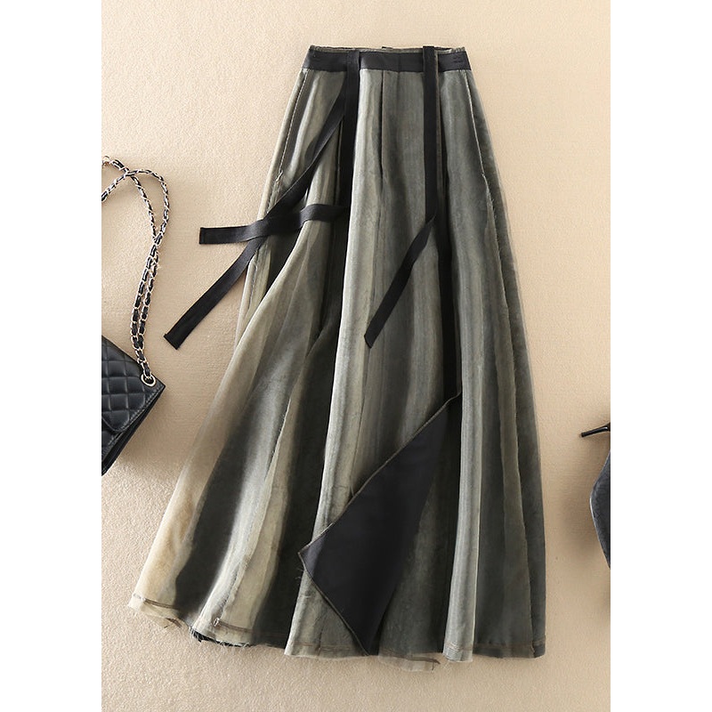 Modern Black Green retro Asymmetrical Patchwork Skirts Spring