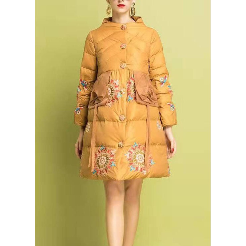 Modern Yellow Embroidered Button Fine Cotton Filled Parka Winter
