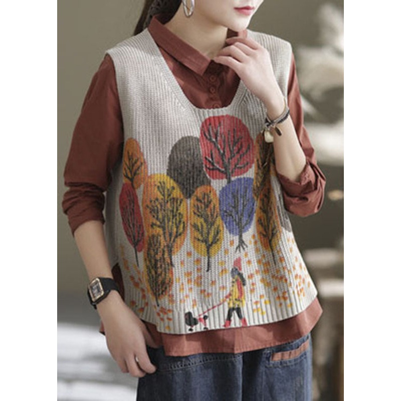 Natural Beige Print Knit Casual Vest Sleeveless