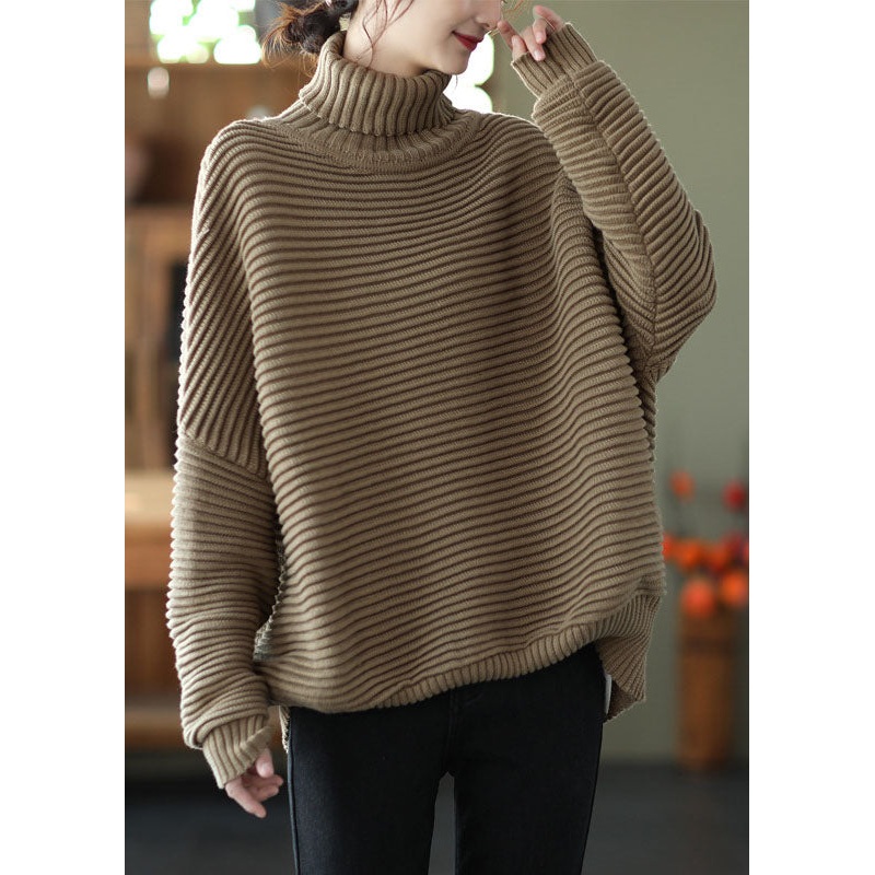 Natural Khaki Turtle Neck Striped Knit Sweater Winter