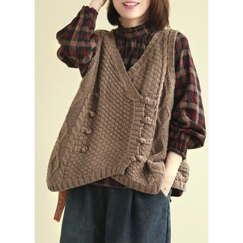 Organic Coffee Asymmetrical Button Knit Tanks Sleeveless