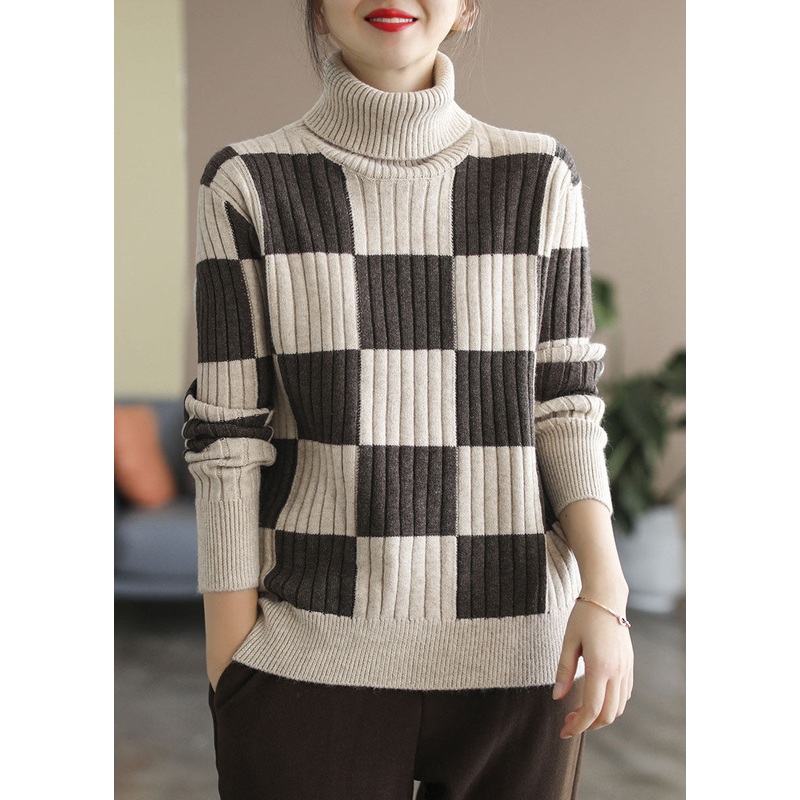 Plus Size Coffee Turtle Neck Plaid Knit top Winter
