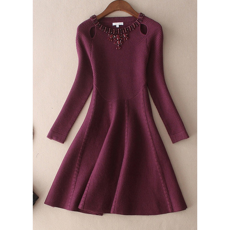 Plus Size Mulberry O-Neck slim fit Woolen Dresses Spring