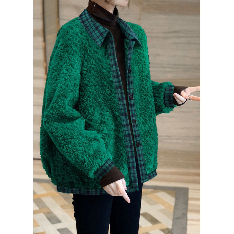 Simple Green Button Patchwork Faux Fur Outwear Winter