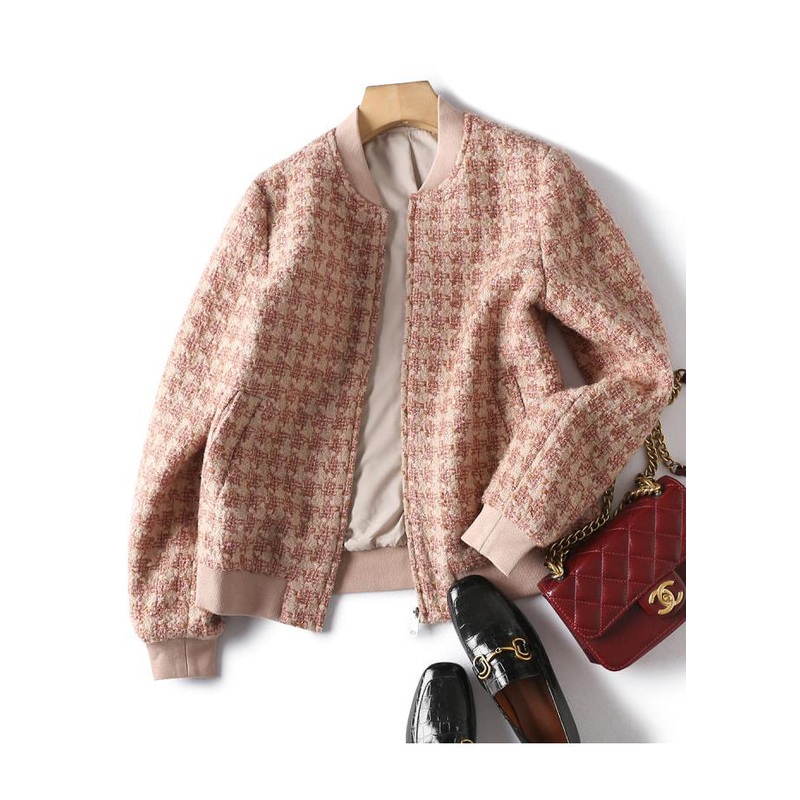 Style Pink Zip Up Plaid Woolen Coat Winter