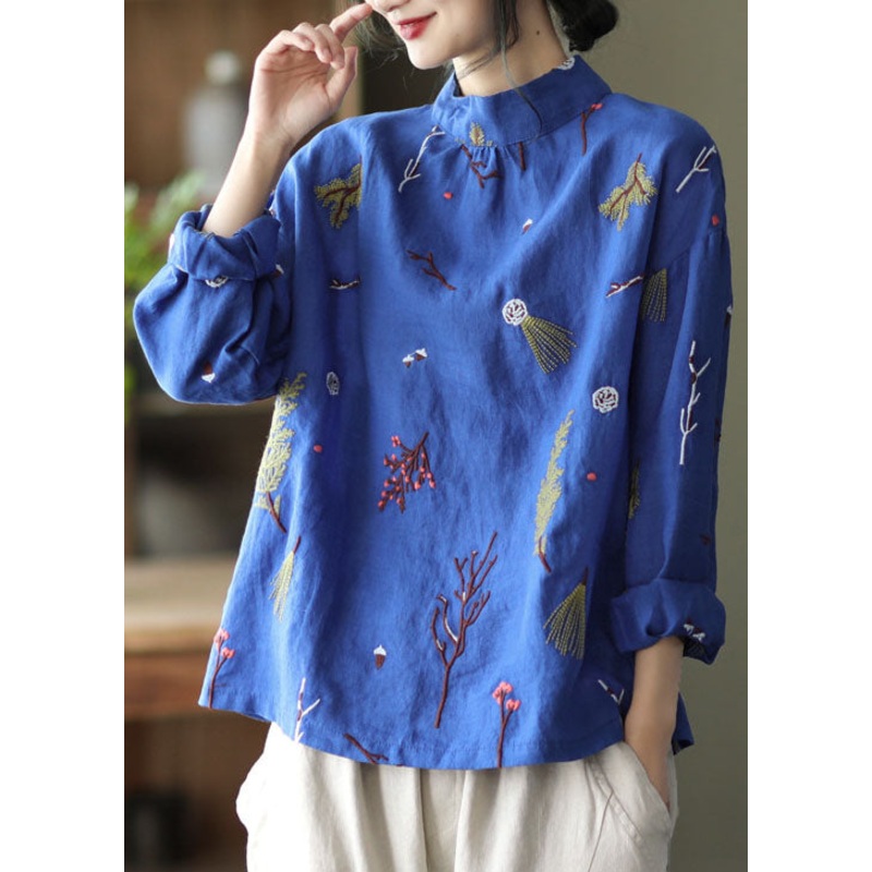 Stylish Blue Embroideried retro Linen Blouse Tops Spring