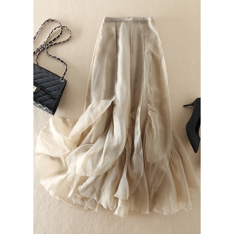 Stylish Champagne Patchwork wrinkled Chiffon Skirt Spring