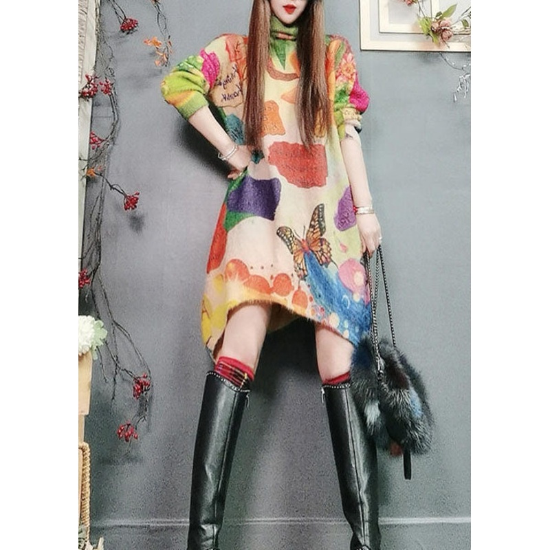 Unique asymmetrical design Print Knit dress Sweater Winter