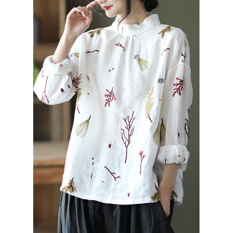 White Floral Linen Stand Collar Shirt Top Long Sleeve
