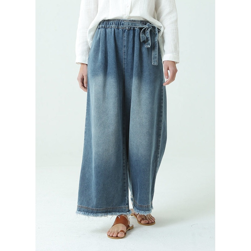 Women Denim Elastic Waist Drawsting Wide Leg Jeans