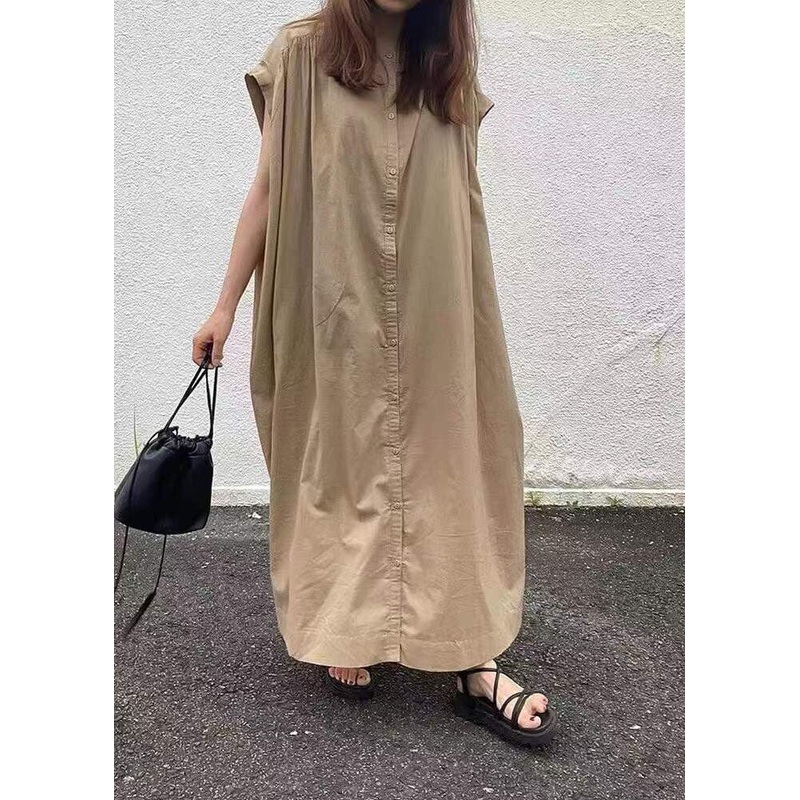 Women easy Khaki Button Cotton long Dress Short Sleeve