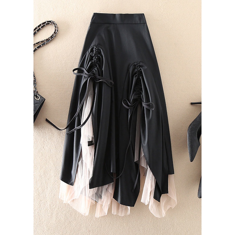 Women Green Asymmetrical drawstring Patchwork Tulle Skirts Spring