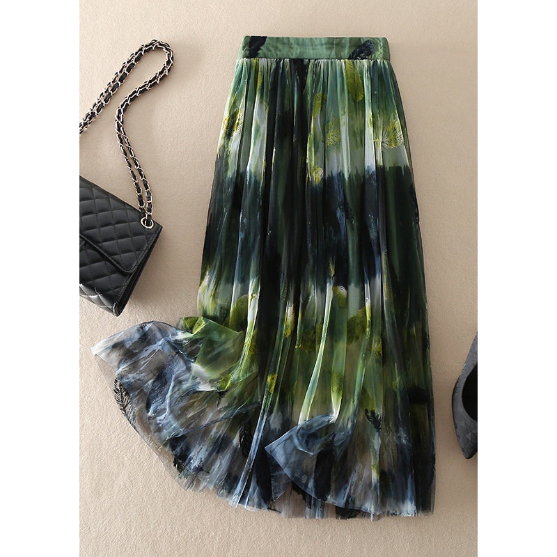 Women Green high waist Print Tulle Skirt Spring