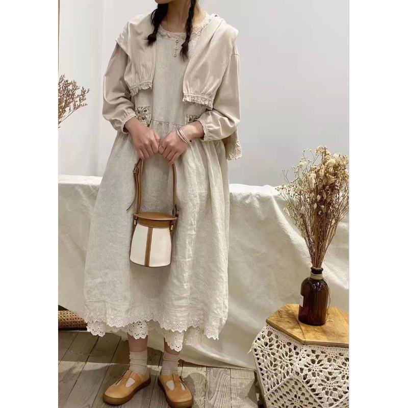 Apricot Ruffled Cotton Dress Embroidered Spring