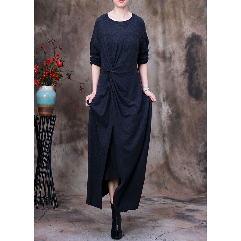 Art Dark Grey O-Neck side open Asymmetrical Velour long Dresses Spring