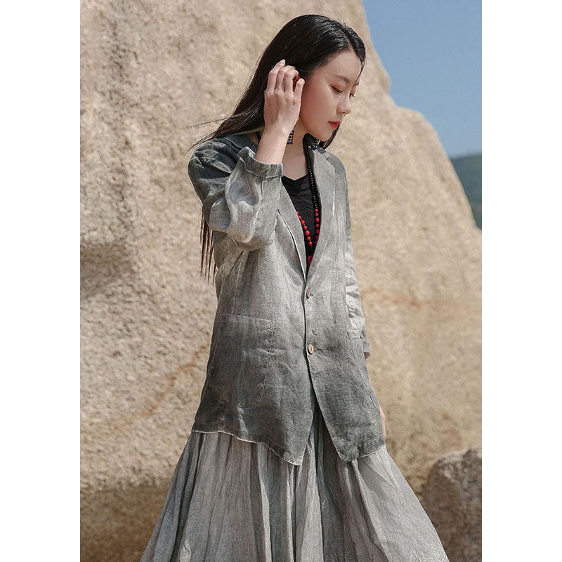 Art Grey Peter Pan Collar Button Linen Spring Coat