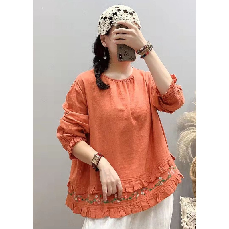 Art Orange Embroidered Ruffled Shirts Spring