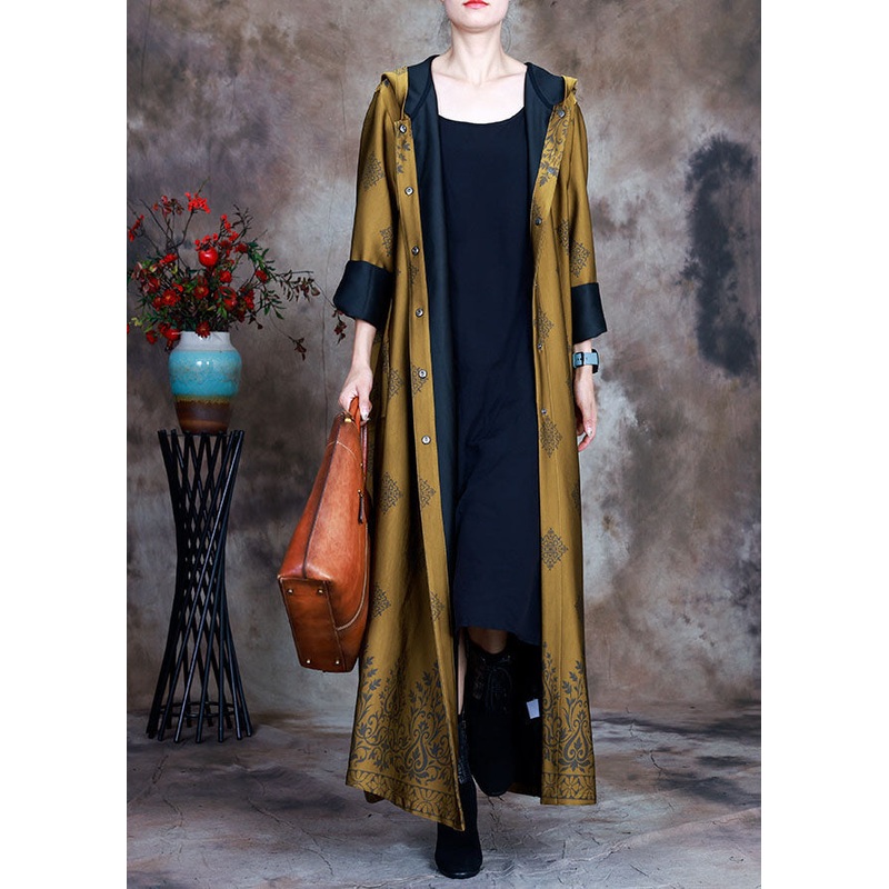Beautiful Yellow Hooded Print Satin trench coats Spring