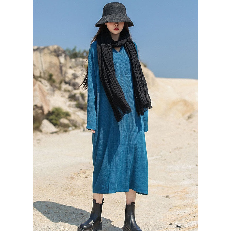 Blue Loose Casual Knit Long Dress V Neck Spring