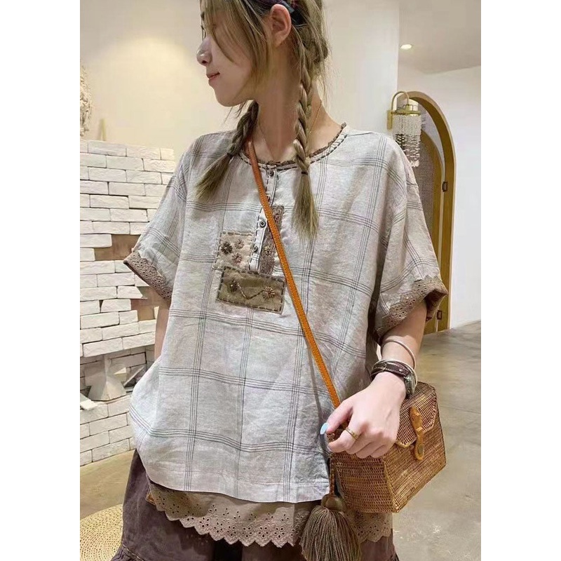 Bohemian Grey Ruffled Plaid Cotton Shirt Tops Short Sleeve