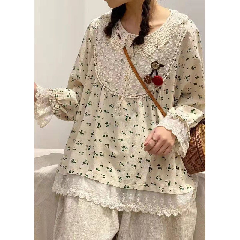 Boutique Green Peter Pan Collar Print Tops Spring