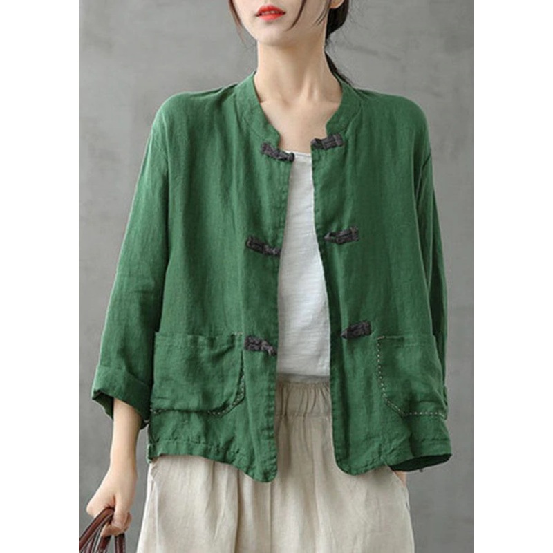 Boutique Green Stand Collar Embroidered Patchwork Linen Coat