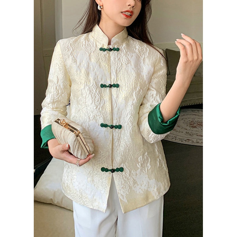 Boutique White Stand Collar Jacquard Silk Coat Long Sleeve
