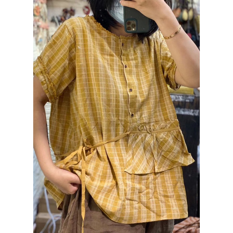 Boutique Yellow Ruffled Loose Plaid Linen Shirt Top Short Sleeve