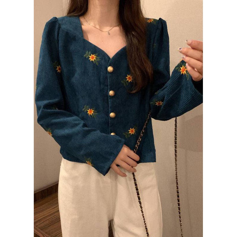 Casual Blue V Neck Embroideried Corduroy coats Long Sleeve