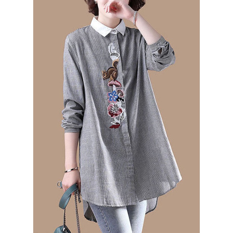 Casual Grey Embroideried button Striped Patchwork Shirt Spring