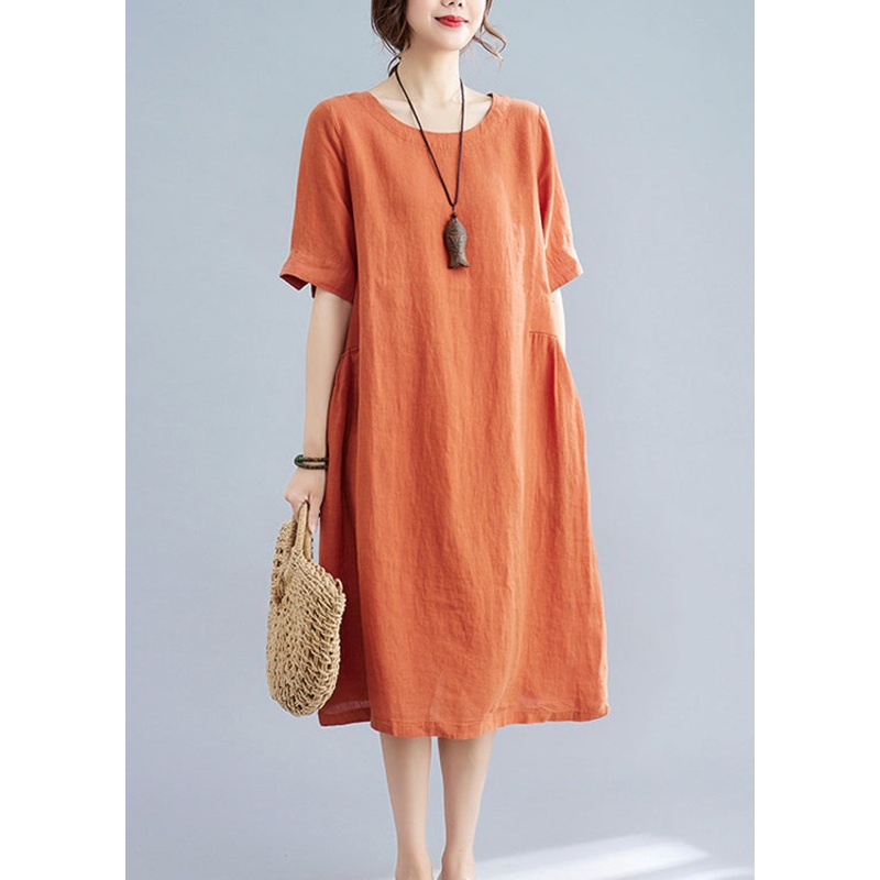 Casual Orange O-Neck wrinkled Pockets Linen Dresses Short Sleeve