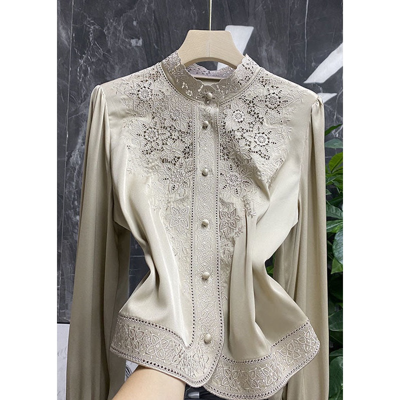 Champagne Silk Shirt Top Hollow Out Stand Collar Long sleeve