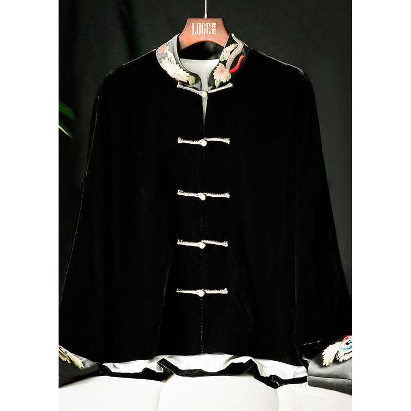 Chinese Style Black Stand Collar Embroideried Patchwork Velour Coats Long Sleeve