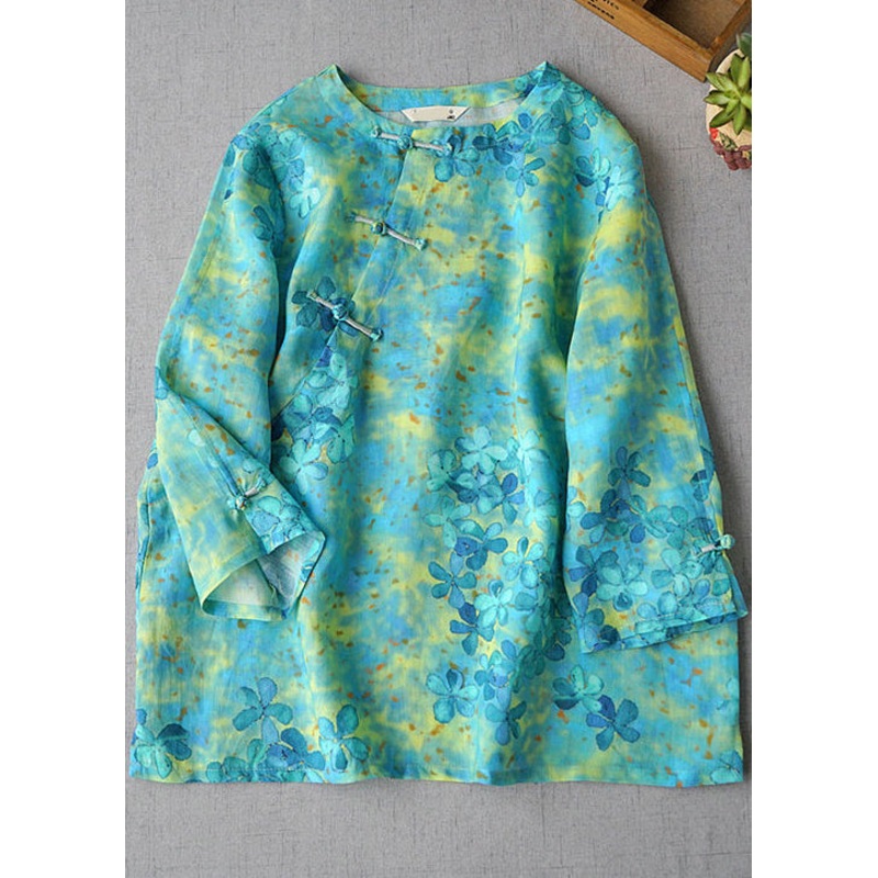 Chinese Style Green Print Linen Top Three Quarter sleeve